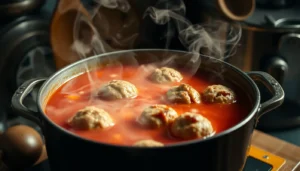 Porcupine soup simmering in a pot on the stove.