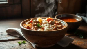 Ingredients for making porcupine soup: ground beef, rice, vegetables.