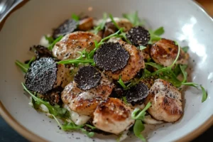 black truffle chicken salad garnished with shaved truffles