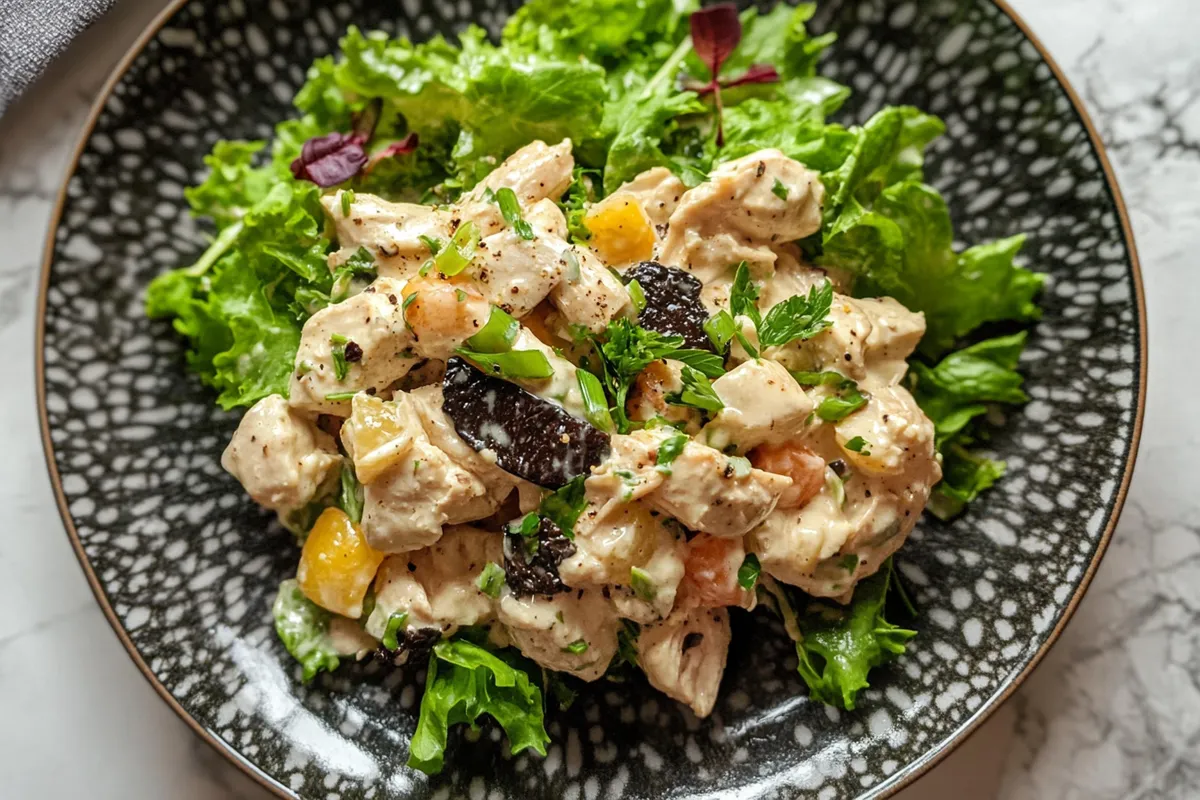 black truffle chicken salad on a white plate